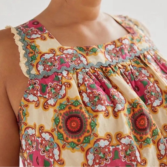 Anthropologie Let Me Be Vibrant Geo Abstract Floral Ric Rac Sleeveless Top 2 S - Picture 3 of 10